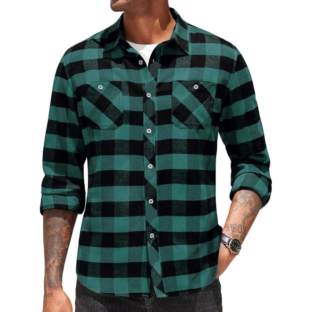 imageCOOFANDY Mens Flannel Plaid Shirts Long Sleeve Casual Button Down Shirt with PocketsGreen
