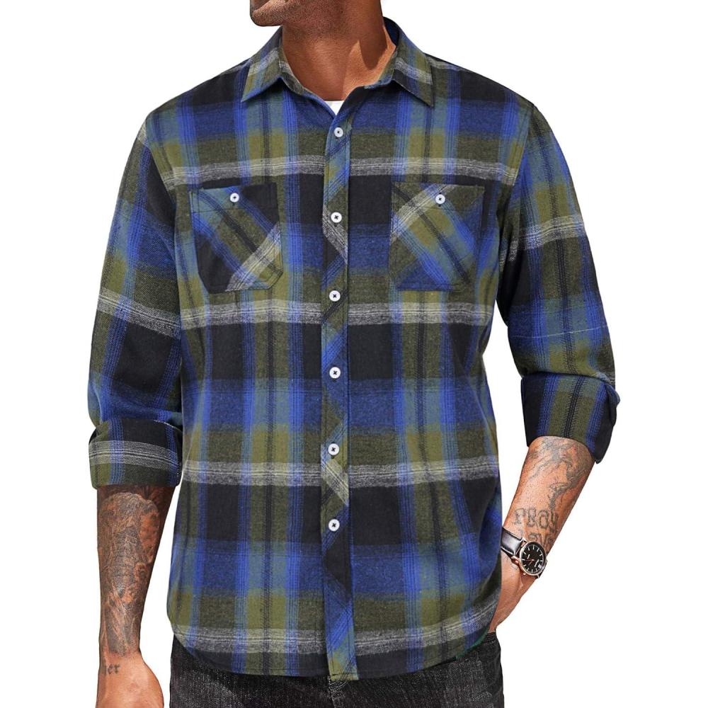 imageCOOFANDY Mens Flannel Plaid Shirts Long Sleeve Casual Button Down Shirt with PocketsGreen Blue  Black Plaid