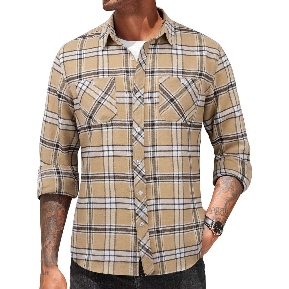 imageCOOFANDY Mens Flannel Plaid Shirts Long Sleeve Casual Button Down Shirt with PocketsKhaki