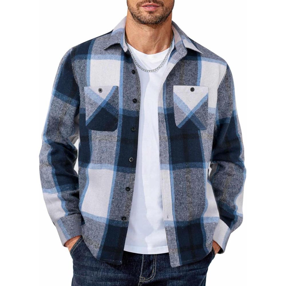 imageCOOFANDY Mens Flannel Plaid Shirts Long Sleeve Casual Button Down Shirt with PocketsNavy Blue Plaid