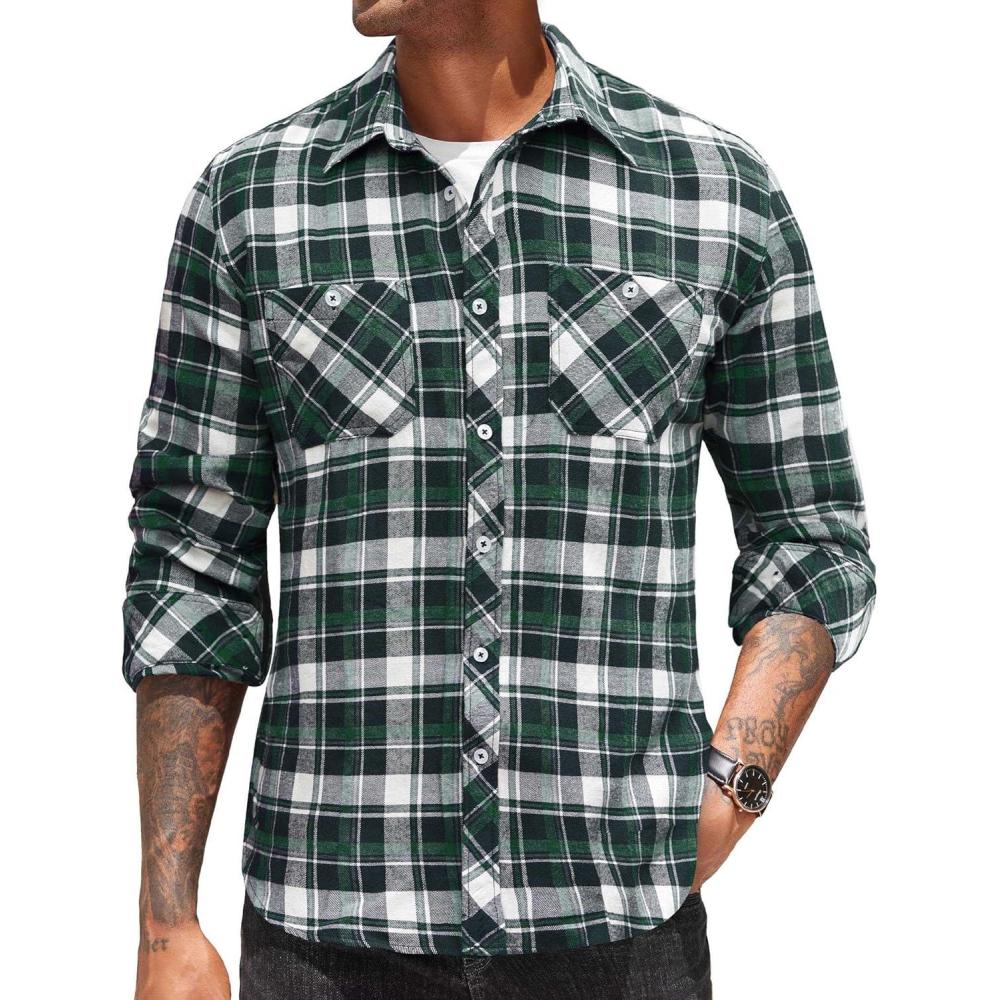 imageCOOFANDY Mens Flannel Plaid Shirts Long Sleeve Casual Button Down Shirt with PocketsNavy Green