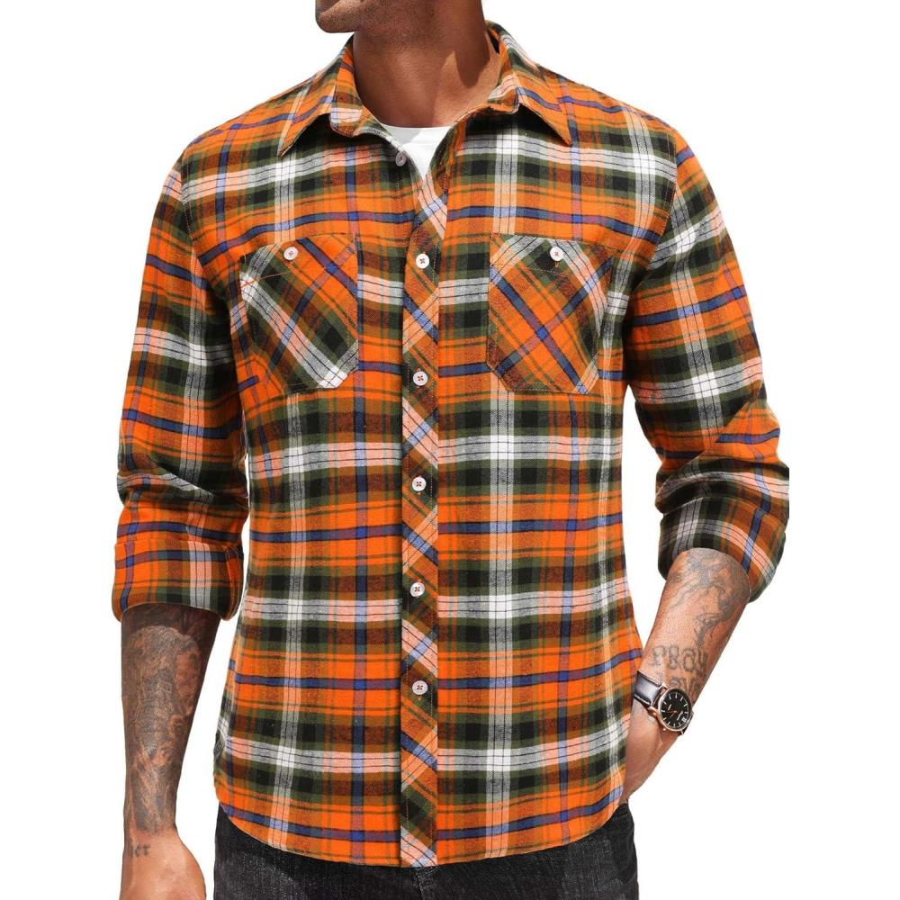 imageCOOFANDY Mens Flannel Plaid Shirts Long Sleeve Casual Button Down Shirt with PocketsOrange Green