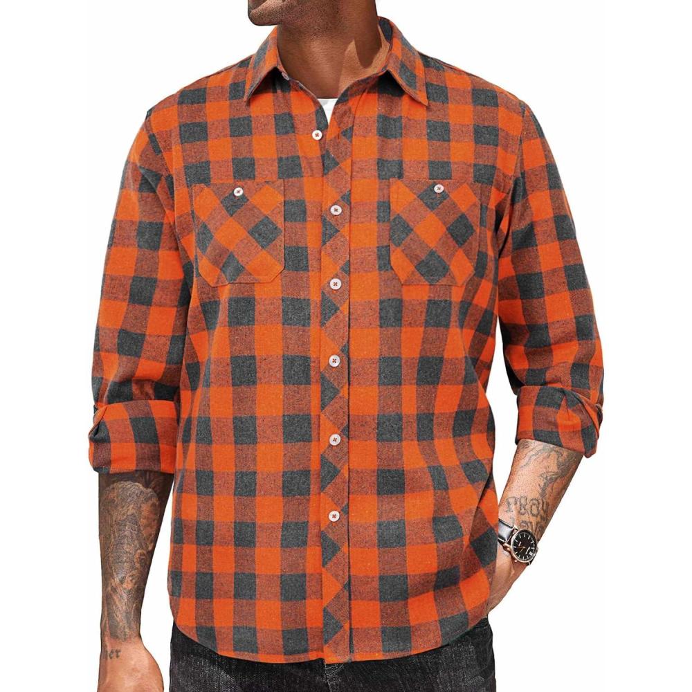 imageCOOFANDY Mens Flannel Plaid Shirts Long Sleeve Casual Button Down Shirt with PocketsOrange Grey Plaid