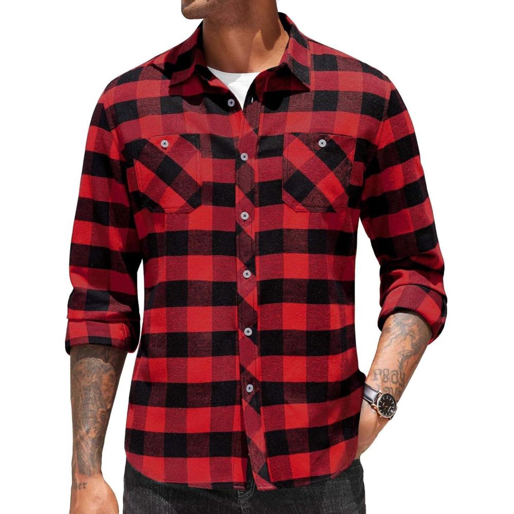 imageCOOFANDY Mens Flannel Plaid Shirts Long Sleeve Casual Button Down Shirt with PocketsRed
