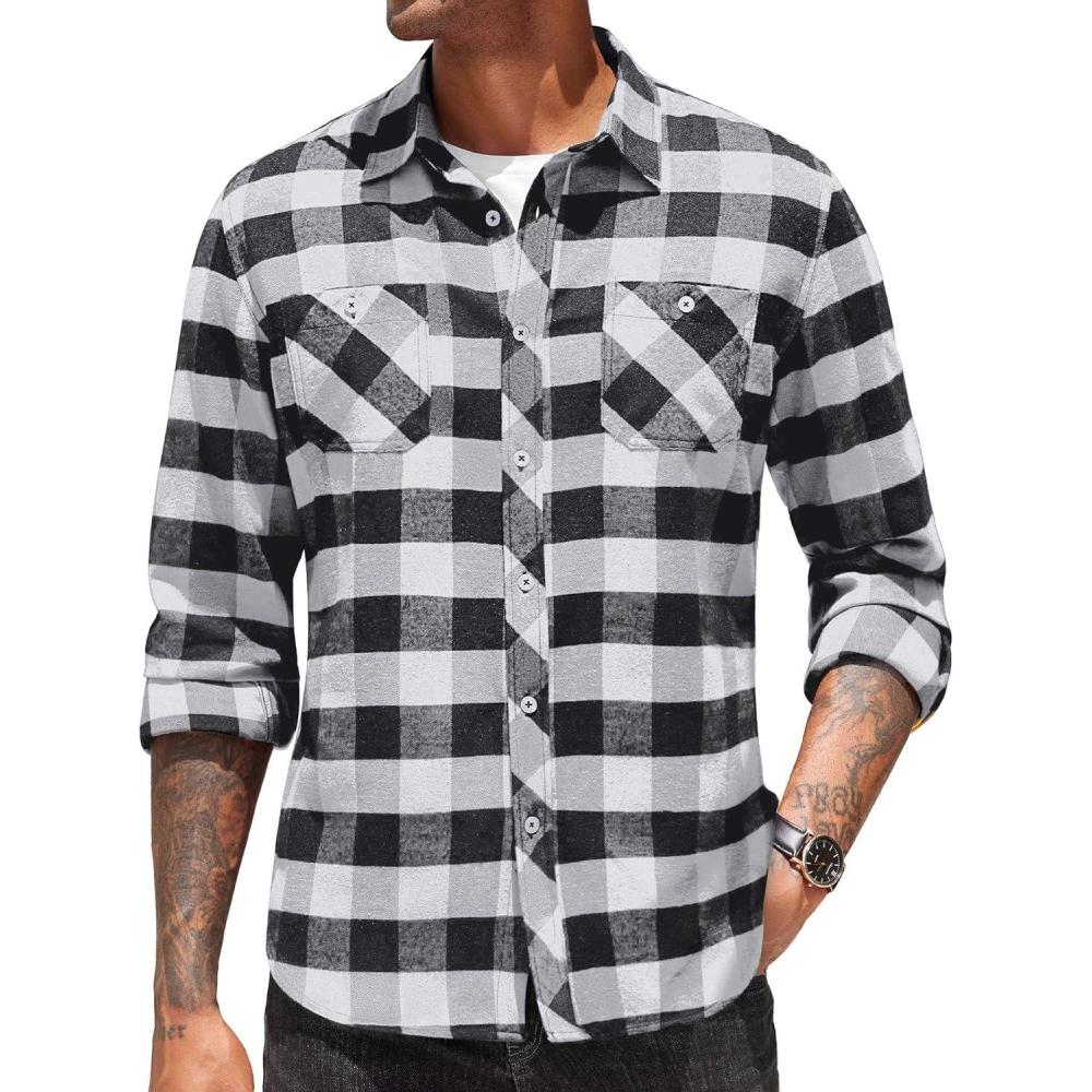 imageCOOFANDY Mens Flannel Plaid Shirts Long Sleeve Casual Button Down Shirt with PocketsWhite
