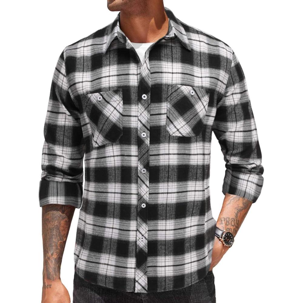 imageCOOFANDY Mens Flannel Plaid Shirts Long Sleeve Casual Button Down Shirt with PocketsWhite Black Plaid