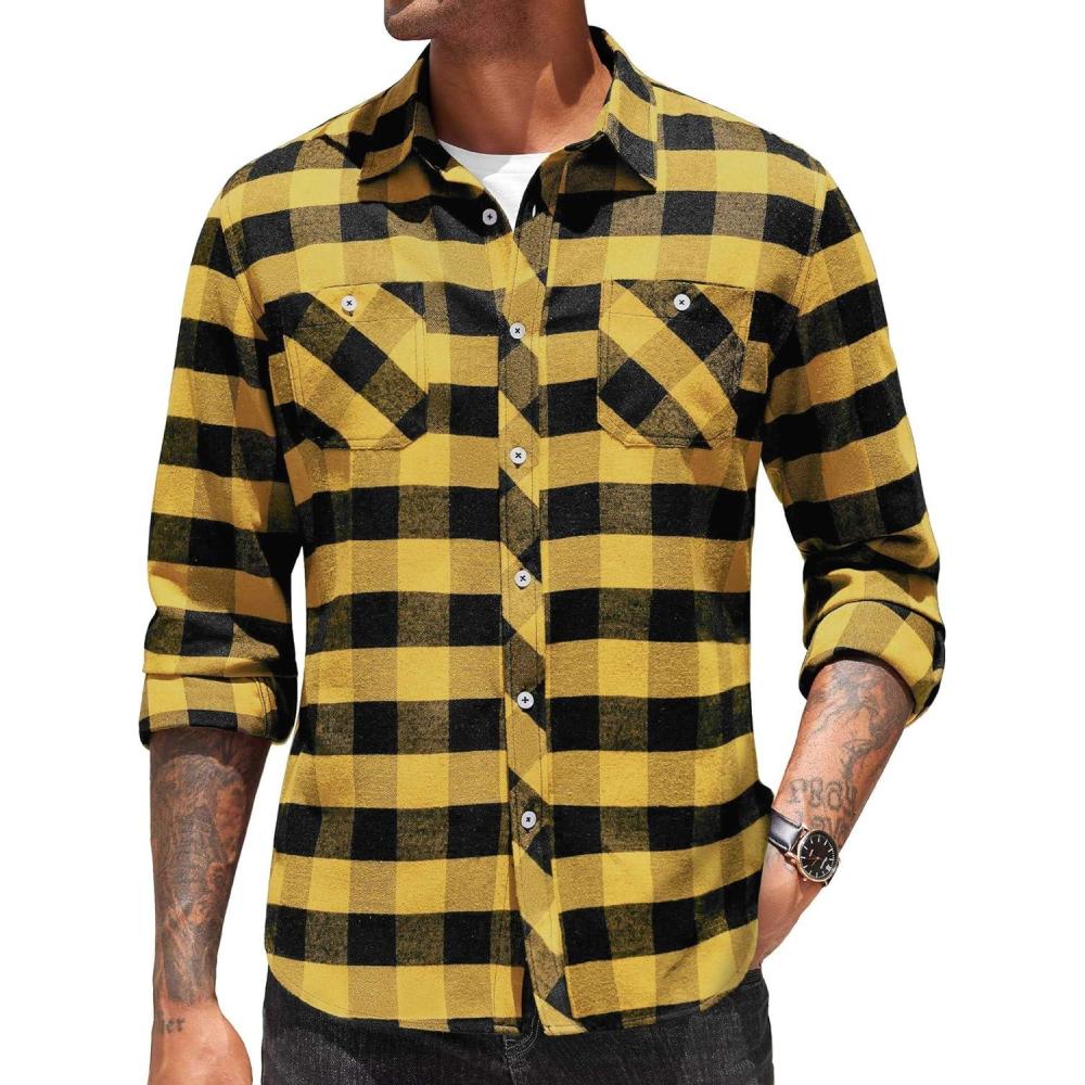 imageCOOFANDY Mens Flannel Plaid Shirts Long Sleeve Casual Button Down Shirt with PocketsYellow