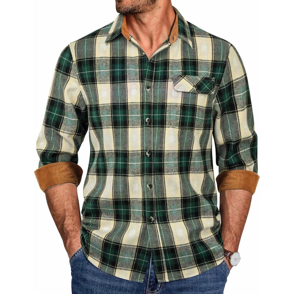 imageCOOFANDY Mens Flannel Shirts Long Sleeve Button Down Shirt Casual Shirts Work Shirts for MenGreen