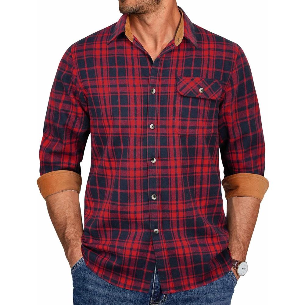 imageCOOFANDY Mens Flannel Shirts Long Sleeve Button Down Shirt Casual Shirts Work Shirts for MenRed