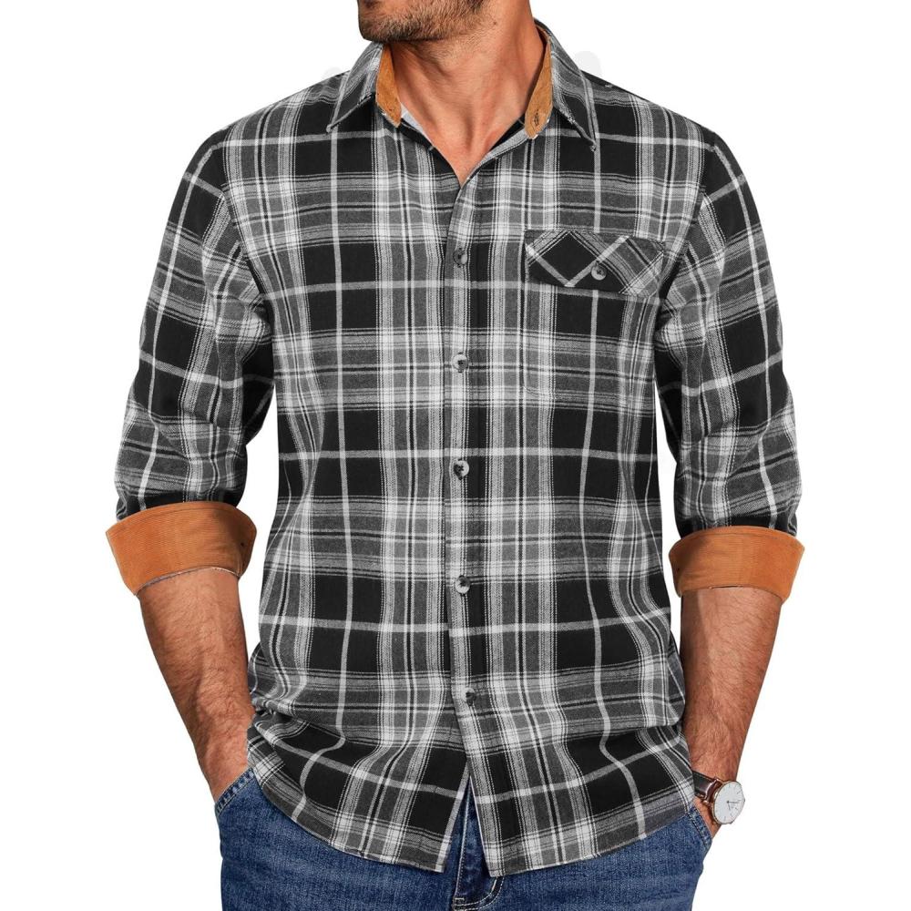 imageCOOFANDY Mens Flannel Shirts Long Sleeve Button Down Shirt Casual Shirts Work Shirts for MenWhiteBlack Plaid