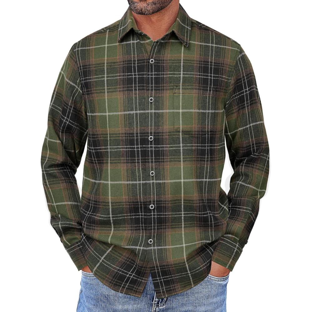 imageCOOFANDY Mens Flannel Shirts Long Sleeve Button Down Shirt with Pocket Casual Shirts Work Shirts for MenArmy Green Black Plaid