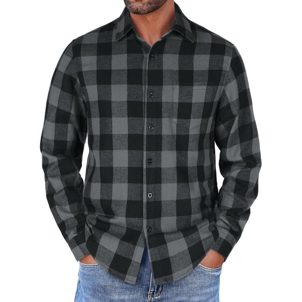 imageCOOFANDY Mens Flannel Shirts Long Sleeve Button Down Shirt with Pocket Casual Shirts Work Shirts for MenBlack Grey