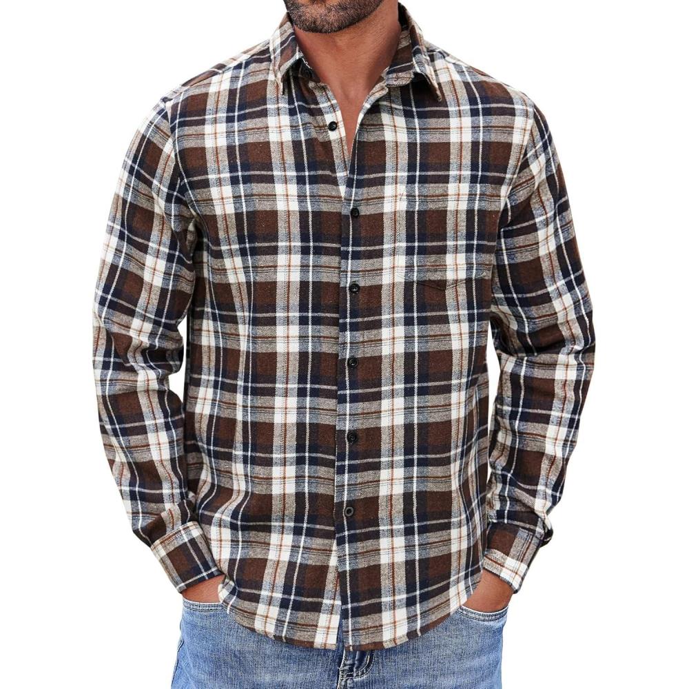 imageCOOFANDY Mens Flannel Shirts Long Sleeve Button Down Shirt with Pocket Casual Shirts Work Shirts for MenBrown Black Plaid