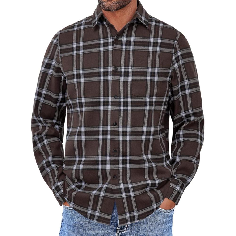 imageCOOFANDY Mens Flannel Shirts Long Sleeve Button Down Shirt with Pocket Casual Shirts Work Shirts for MenBrown Plaid