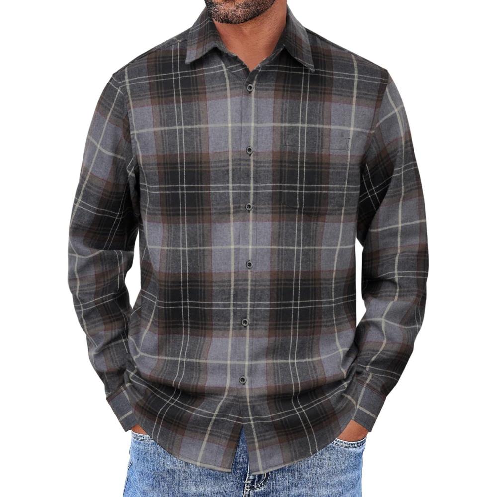imageCOOFANDY Mens Flannel Shirts Long Sleeve Button Down Shirt with Pocket Casual Shirts Work Shirts for MenGrey Brown Black Plaid