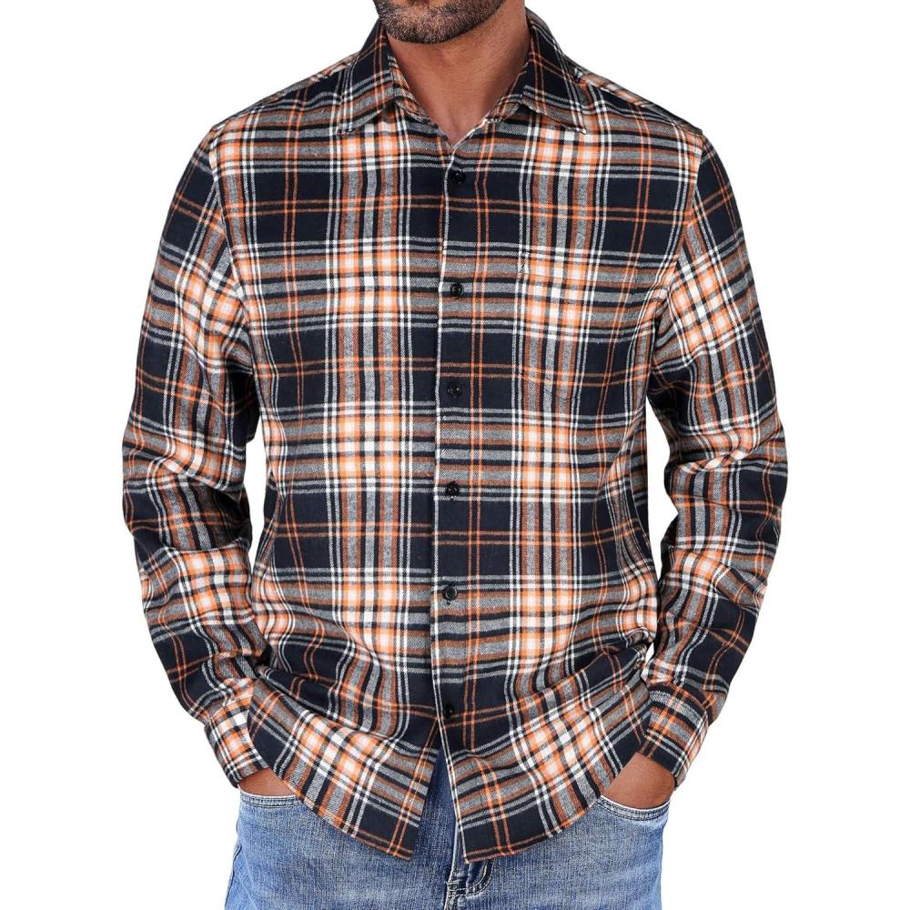imageCOOFANDY Mens Flannel Shirts Long Sleeve Button Down Shirt with Pocket Casual Shirts Work Shirts for MenOrange Navy White Plaid