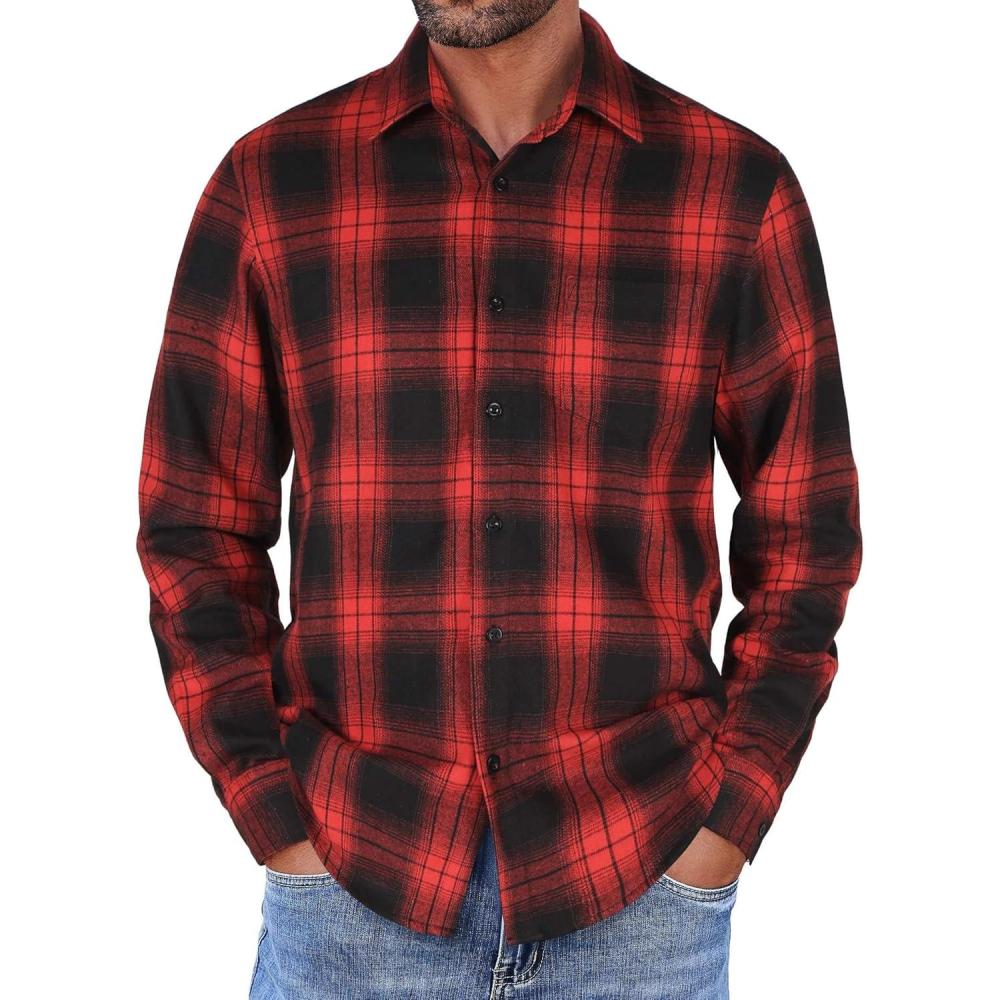 imageCOOFANDY Mens Flannel Shirts Long Sleeve Button Down Shirt with Pocket Casual Shirts Work Shirts for MenRedBlack