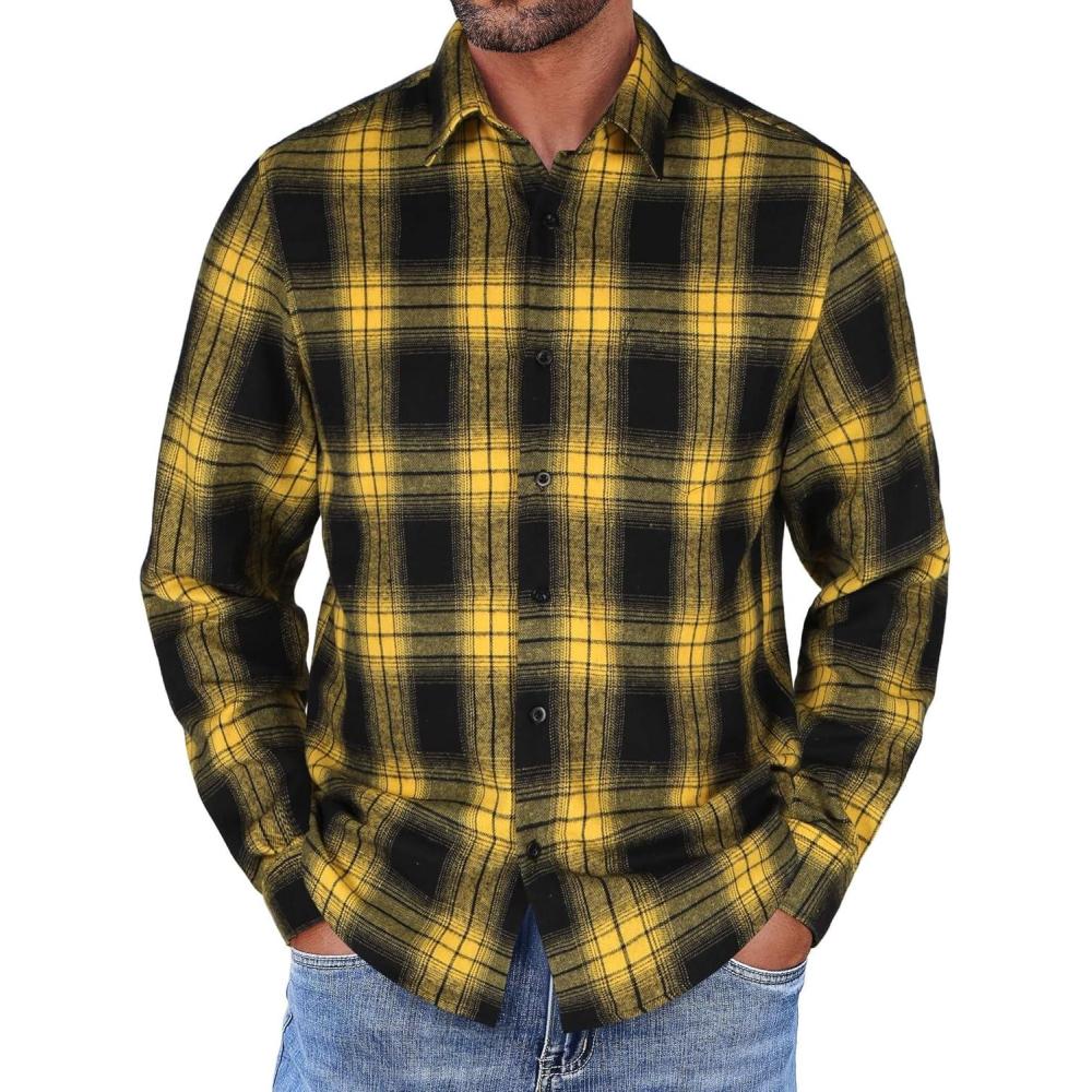 imageCOOFANDY Mens Flannel Shirts Long Sleeve Button Down Shirt with Pocket Casual Shirts Work Shirts for MenYellowBlack