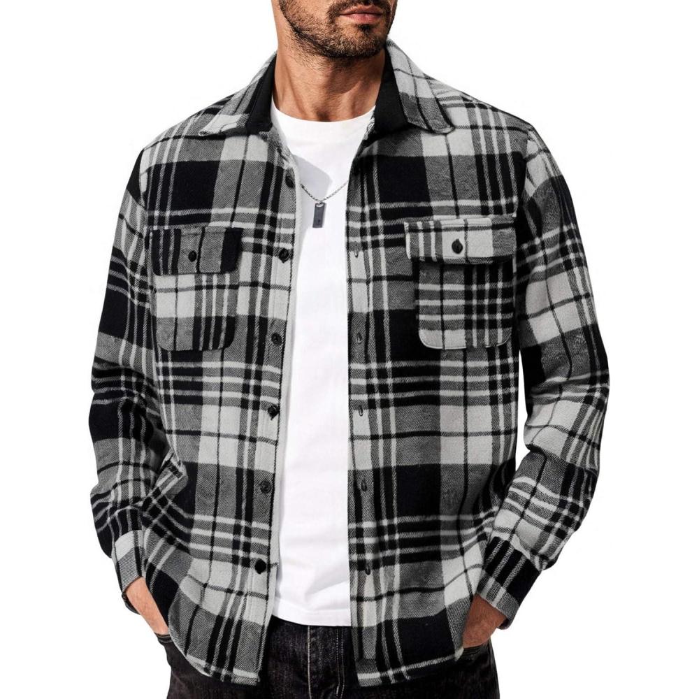 imageCOOFANDY Mens Flannel Shirts Long Sleeve Cotton Plaid Shirt Jacket Casual Button Down Shirt with PocketsBlackline