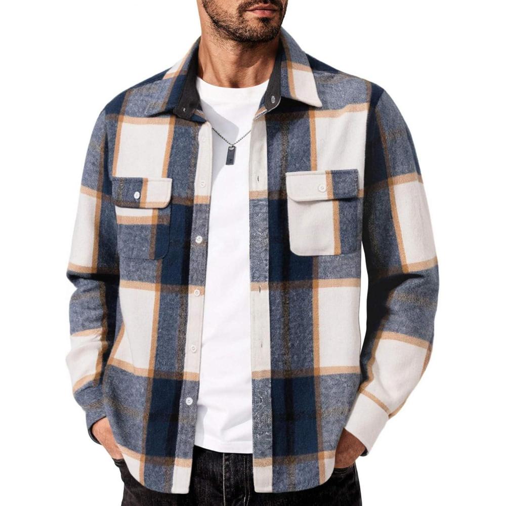 imageCOOFANDY Mens Flannel Shirts Long Sleeve Cotton Plaid Shirt Jacket Casual Button Down Shirt with PocketsDeep Blue