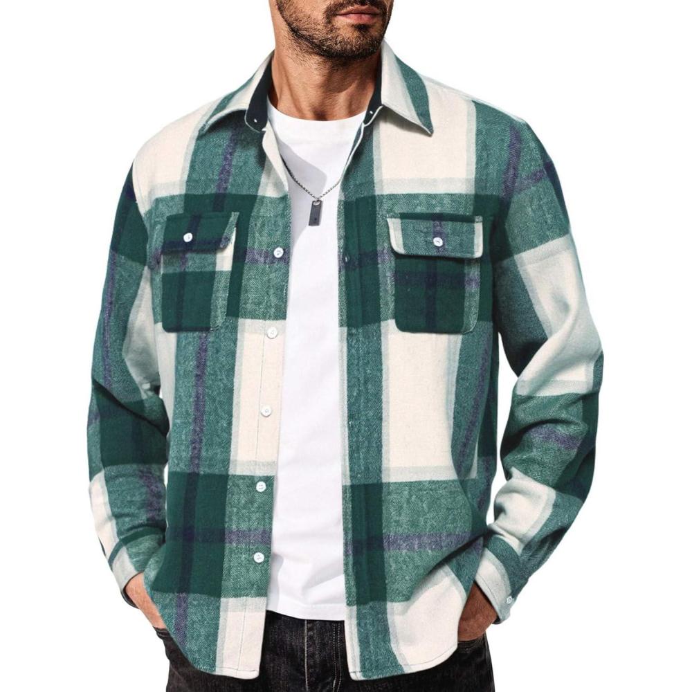 imageCOOFANDY Mens Flannel Shirts Long Sleeve Cotton Plaid Shirt Jacket Casual Button Down Shirt with PocketsGreen