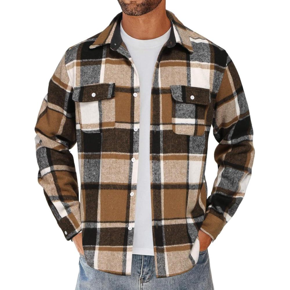 imageCOOFANDY Mens Flannel Shirts Long Sleeve Cotton Plaid Shirt Jacket Casual Button Down Shirt with PocketsKhaki