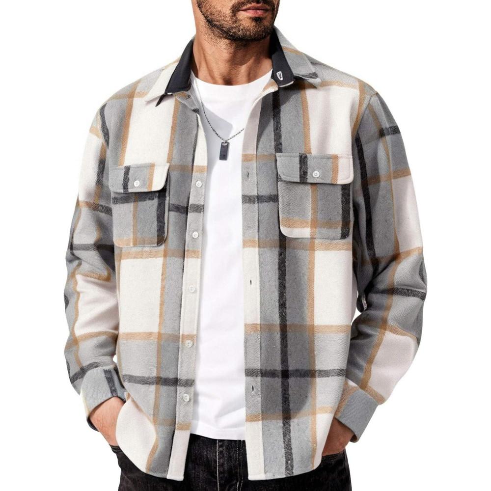 imageCOOFANDY Mens Flannel Shirts Long Sleeve Cotton Plaid Shirt Jacket Casual Button Down Shirt with PocketsLight Grey