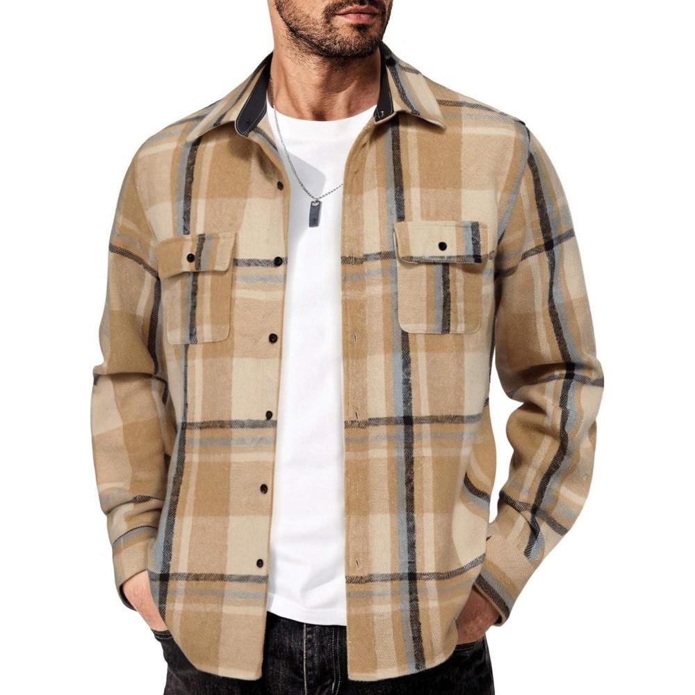 imageCOOFANDY Mens Flannel Shirts Long Sleeve Cotton Plaid Shirt Jacket Casual Button Down Shirt with PocketsLight Khaki