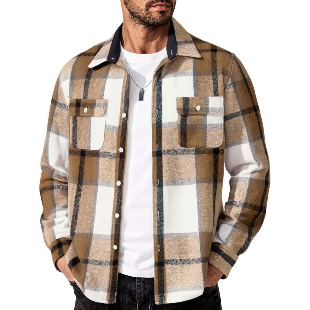 imageCOOFANDY Mens Flannel Shirts Long Sleeve Cotton Plaid Shirt Jacket Casual Button Down Shirt with PocketsLight Khaki White
