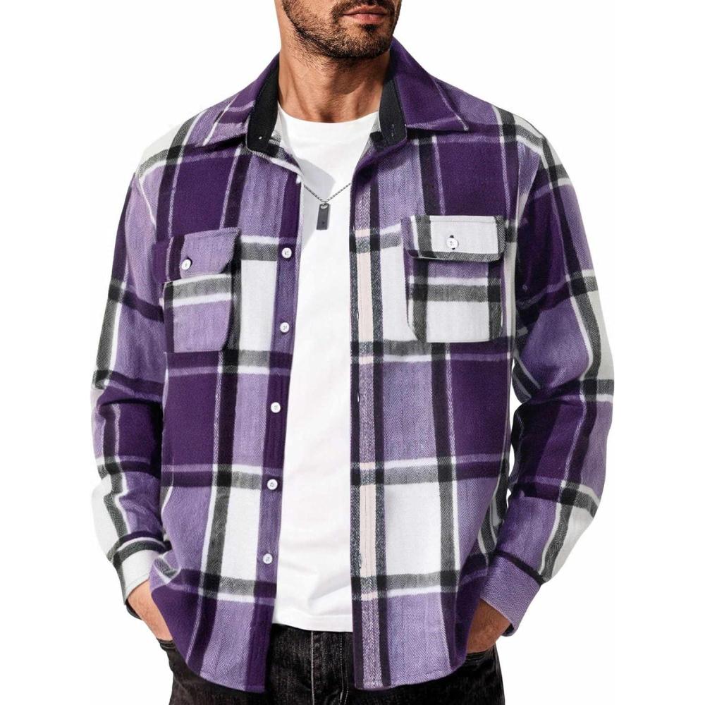 imageCOOFANDY Mens Flannel Shirts Long Sleeve Cotton Plaid Shirt Jacket Casual Button Down Shirt with PocketsPurple