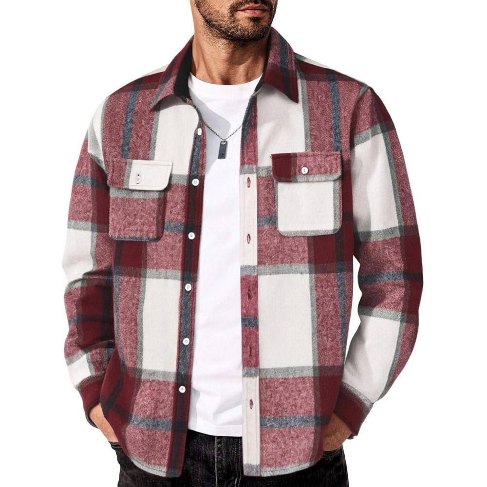 imageCOOFANDY Mens Flannel Shirts Long Sleeve Cotton Plaid Shirt Jacket Casual Button Down Shirt with PocketsRed