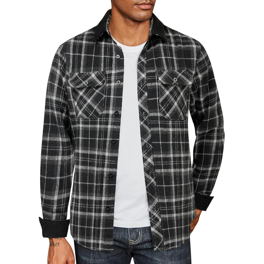 imageCOOFANDY Mens Flannel Shirts Long Sleeve Fleece Plaid Jacket Casual Stylish Button Down Shirts with PocketsBlack