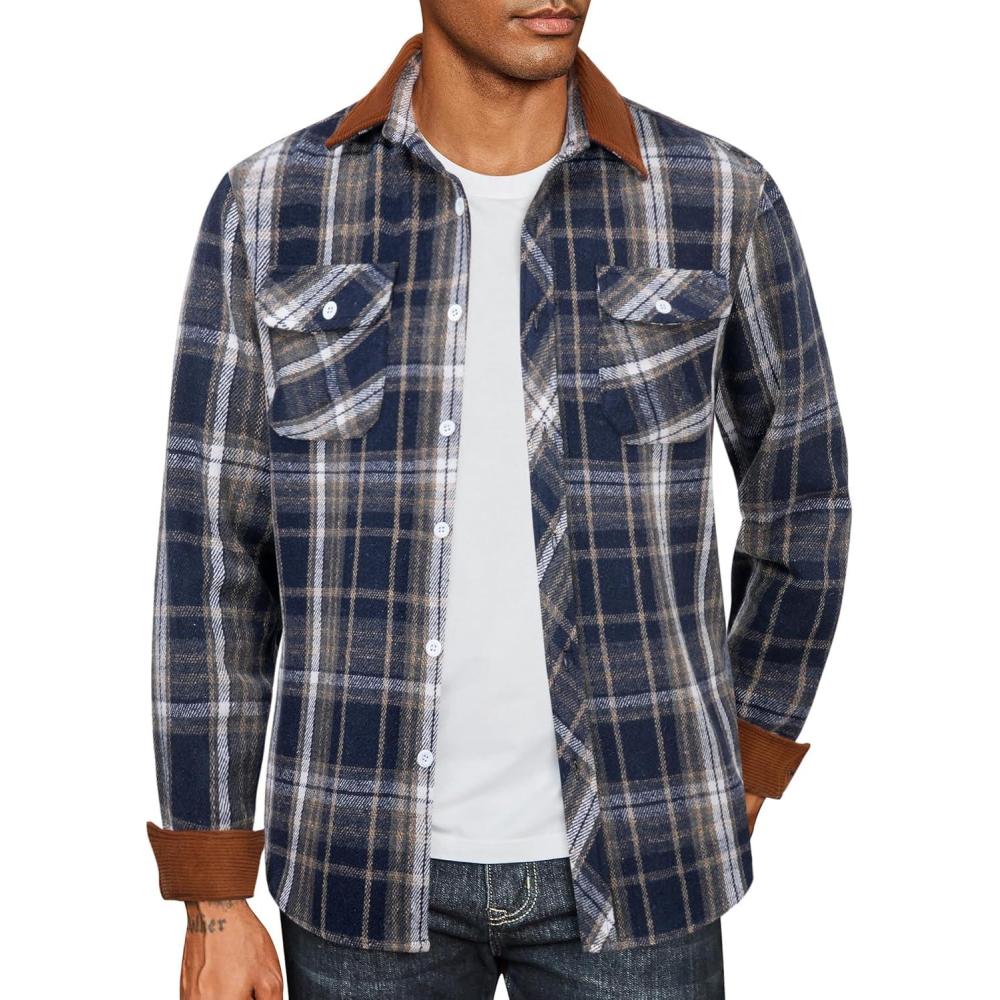 imageCOOFANDY Mens Flannel Shirts Long Sleeve Fleece Plaid Jacket Casual Stylish Button Down Shirts with PocketsDark Navy