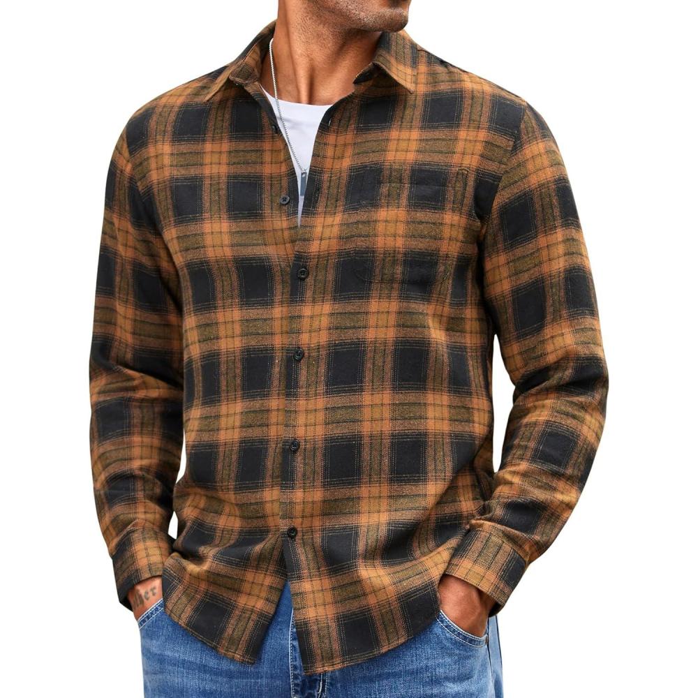 imageCOOFANDY Mens Flannel Shirts Long Sleeve Lightweight Plaid Shirt Casual Button Down Shirts with PocketKhaki