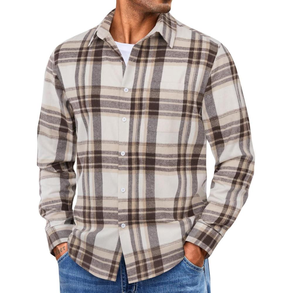 imageCOOFANDY Mens Flannel Shirts Long Sleeve Lightweight Plaid Shirt Casual Button Down Shirts with PocketLight Khaki
