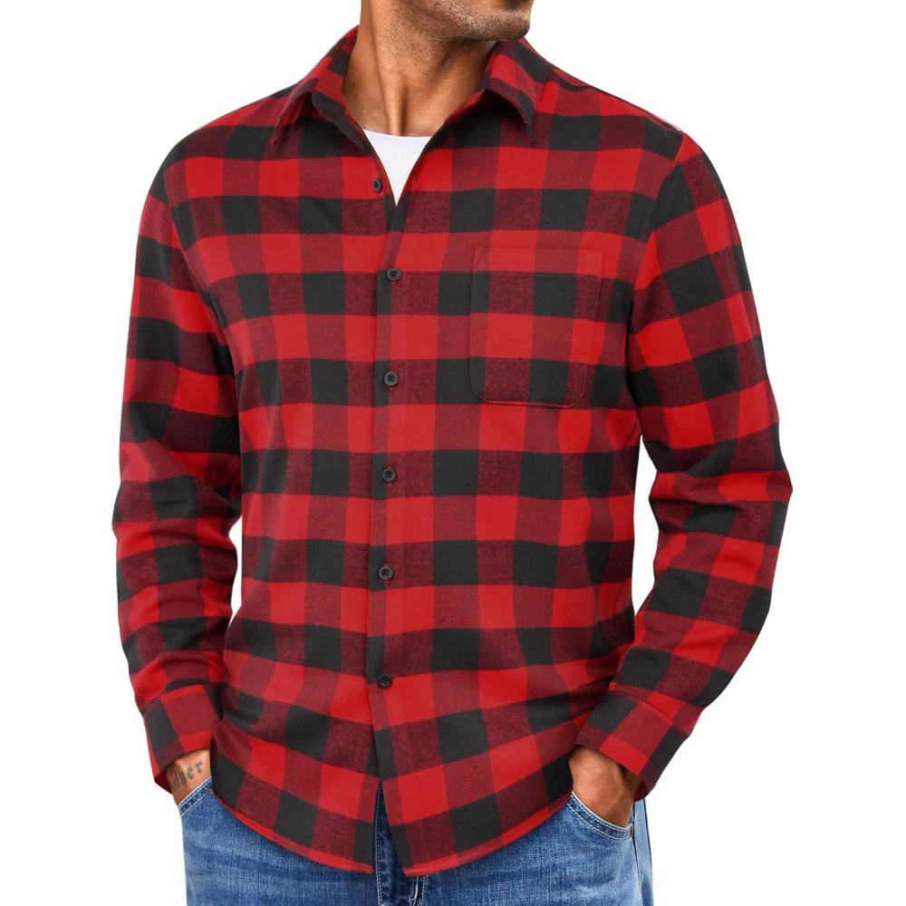 imageCOOFANDY Mens Flannel Shirts Long Sleeve Lightweight Plaid Shirt Casual Button Down Shirts with PocketRed
