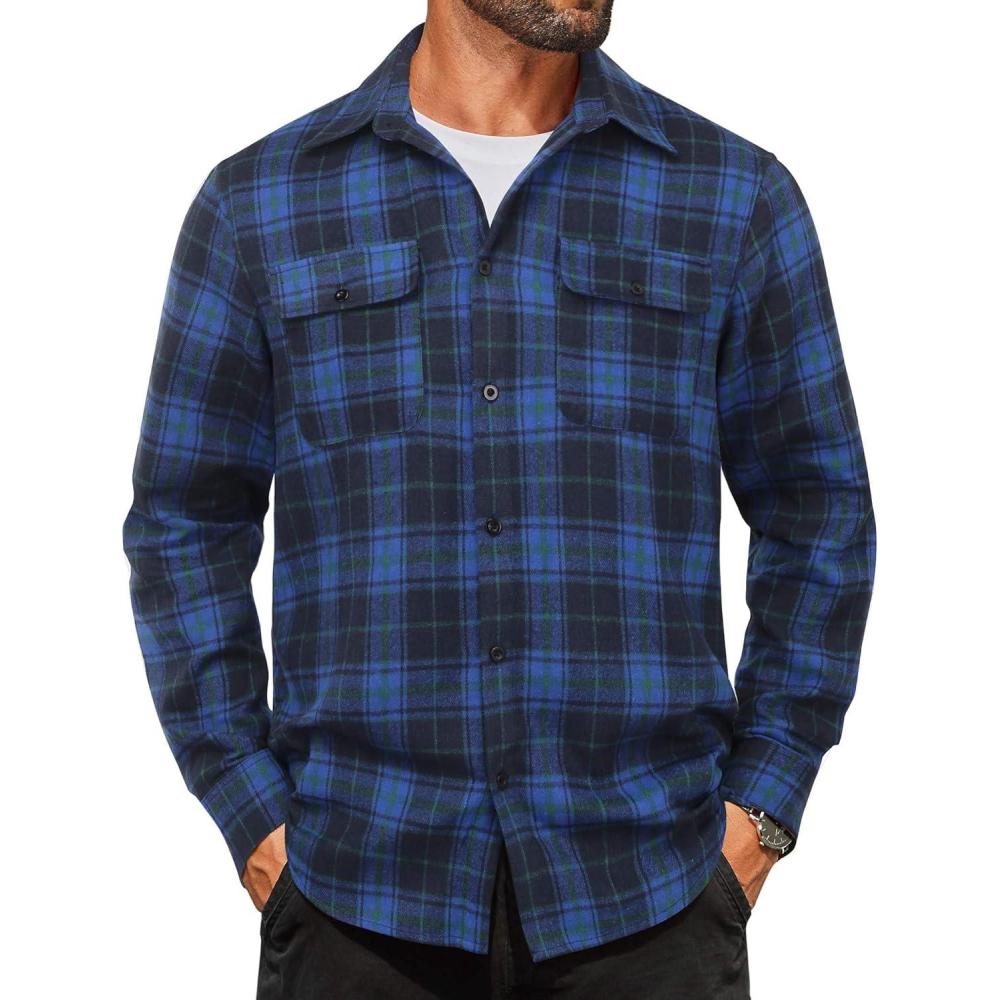 imageCOOFANDY Mens Flannel Shirts Long Sleeve Plaid Button Down Shirt Cotton Casual Work Shirts with PocketsBlue Black