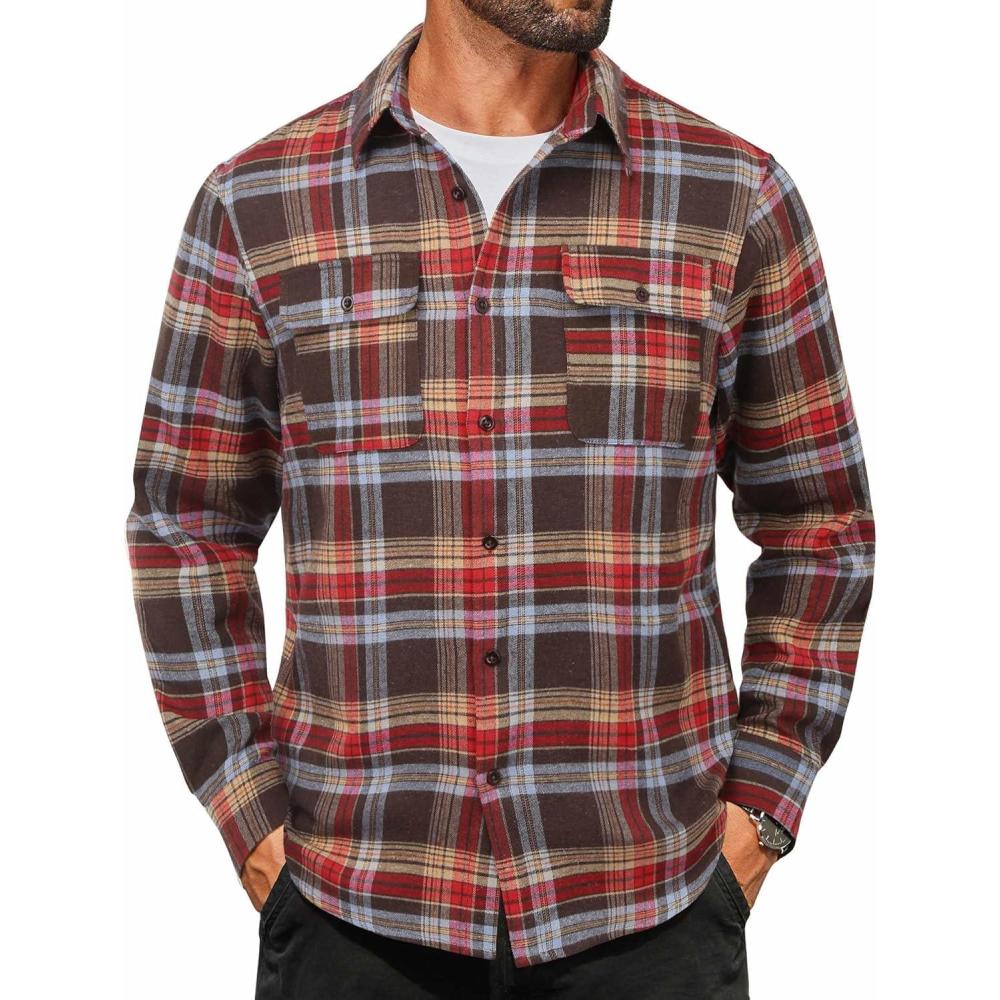 imageCOOFANDY Mens Flannel Shirts Long Sleeve Plaid Button Down Shirt Cotton Casual Work Shirts with PocketsBrown Red