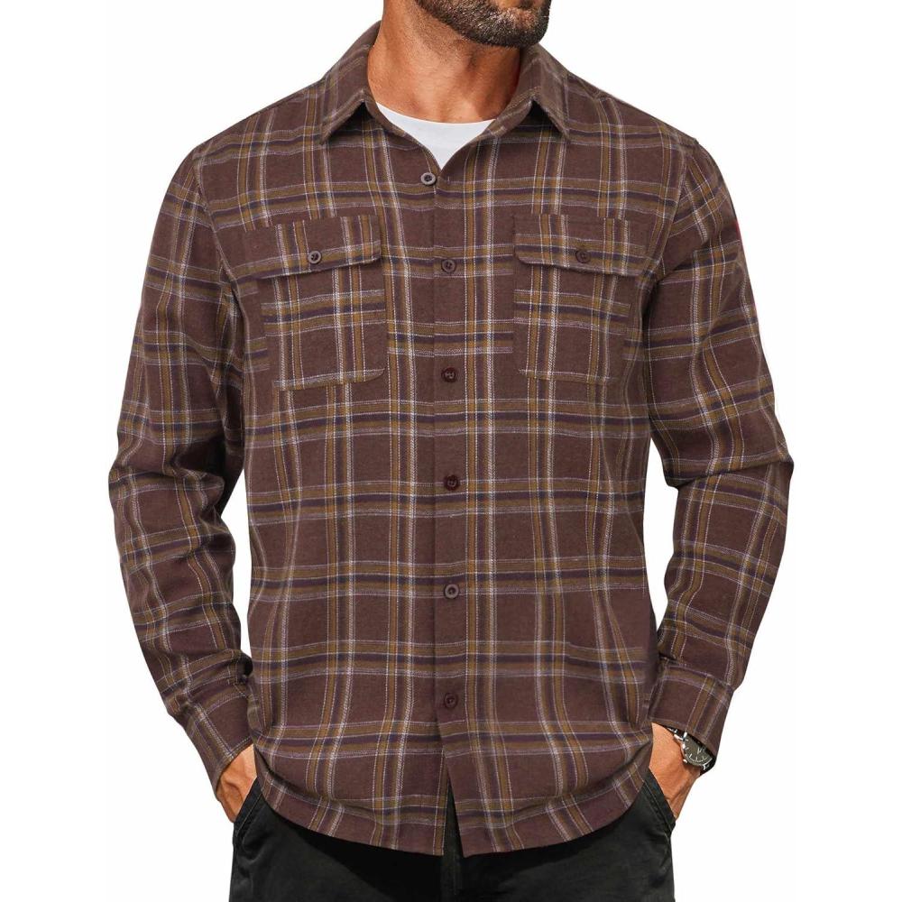 imageCOOFANDY Mens Flannel Shirts Long Sleeve Plaid Button Down Shirt Cotton Casual Work Shirts with PocketsCoffee