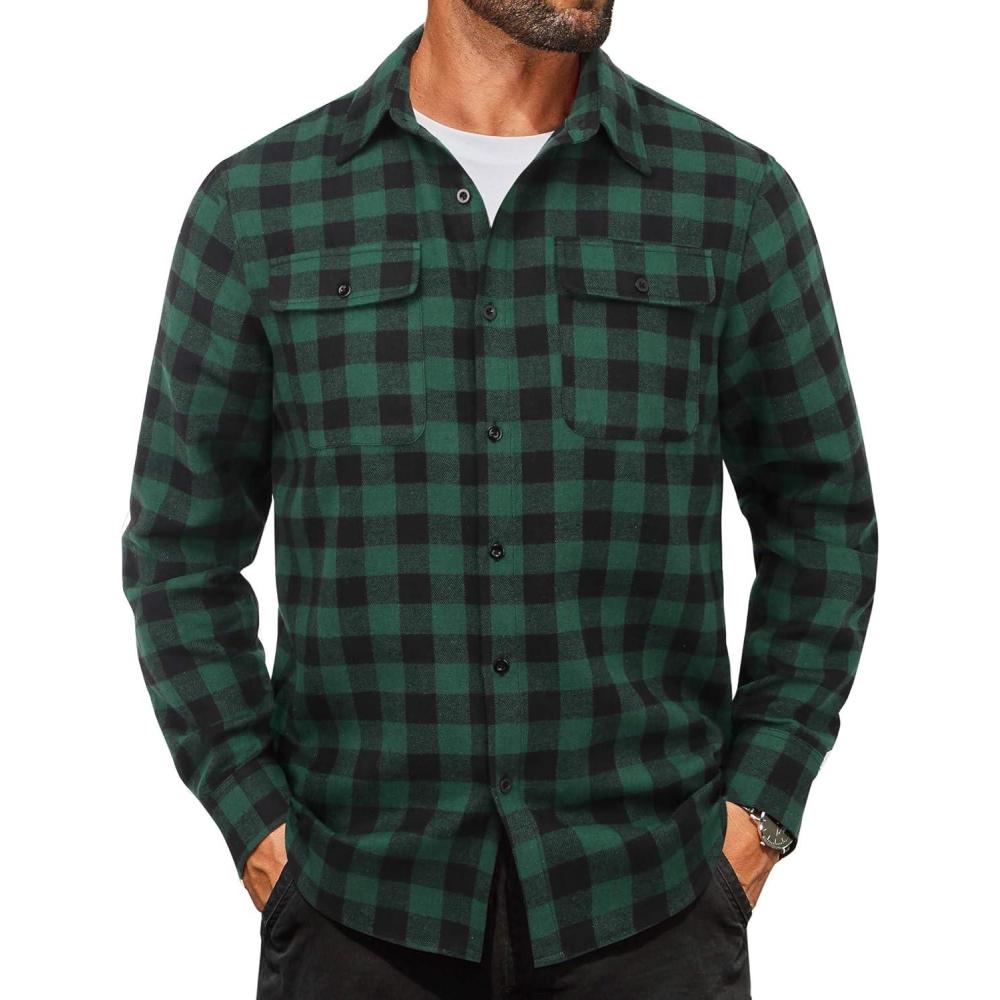 imageCOOFANDY Mens Flannel Shirts Long Sleeve Plaid Button Down Shirt Cotton Casual Work Shirts with PocketsGreen