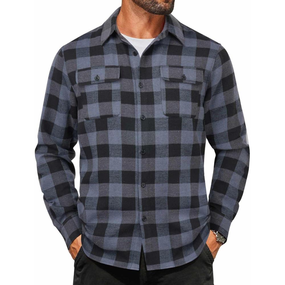 imageCOOFANDY Mens Flannel Shirts Long Sleeve Plaid Button Down Shirt Cotton Casual Work Shirts with PocketsGrey Black