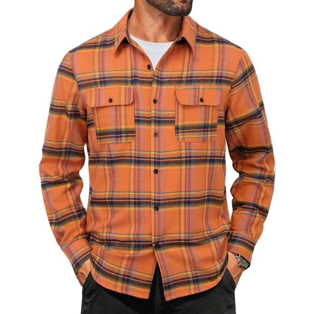 imageCOOFANDY Mens Flannel Shirts Long Sleeve Plaid Button Down Shirt Cotton Casual Work Shirts with PocketsOrange
