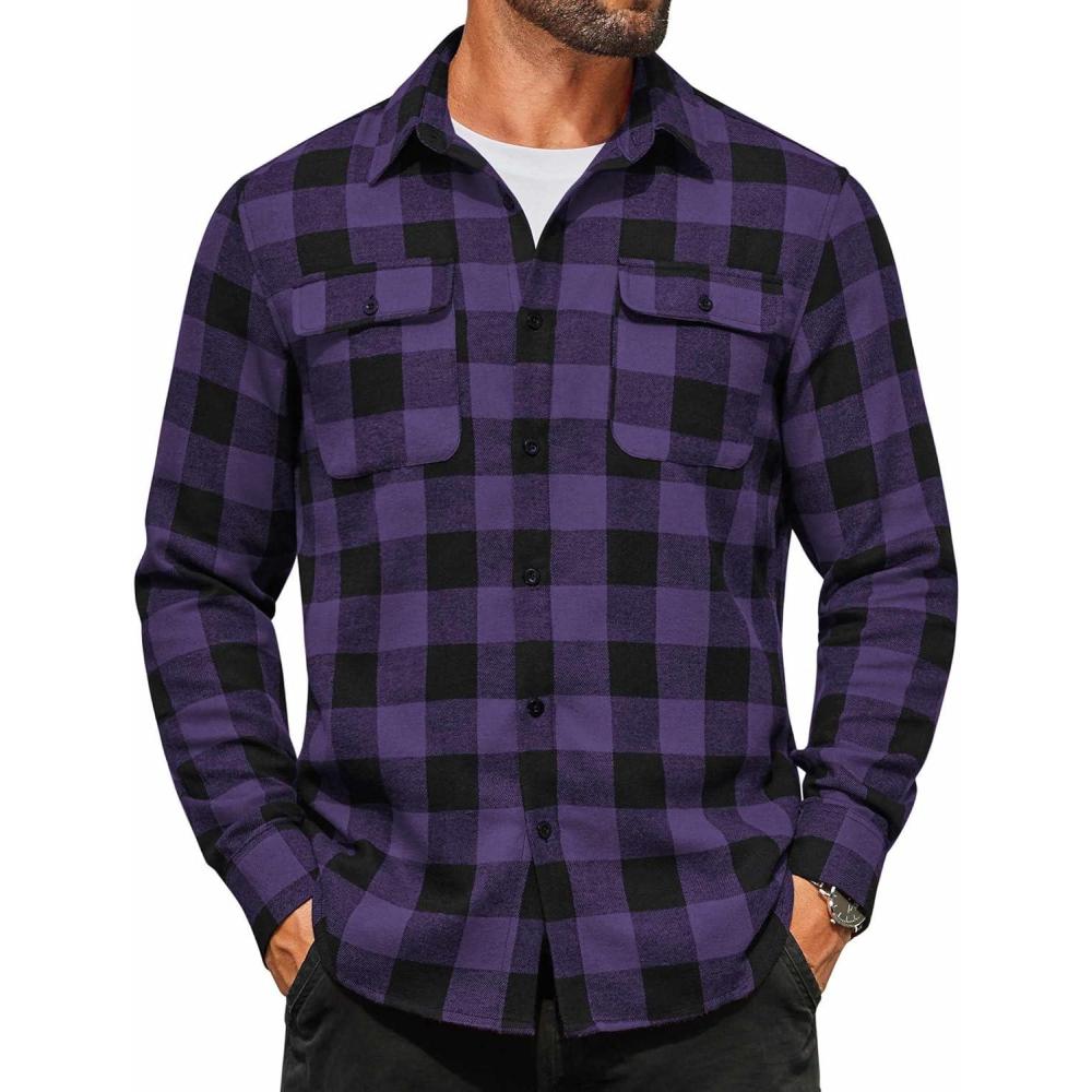 imageCOOFANDY Mens Flannel Shirts Long Sleeve Plaid Button Down Shirt Cotton Casual Work Shirts with PocketsPurple