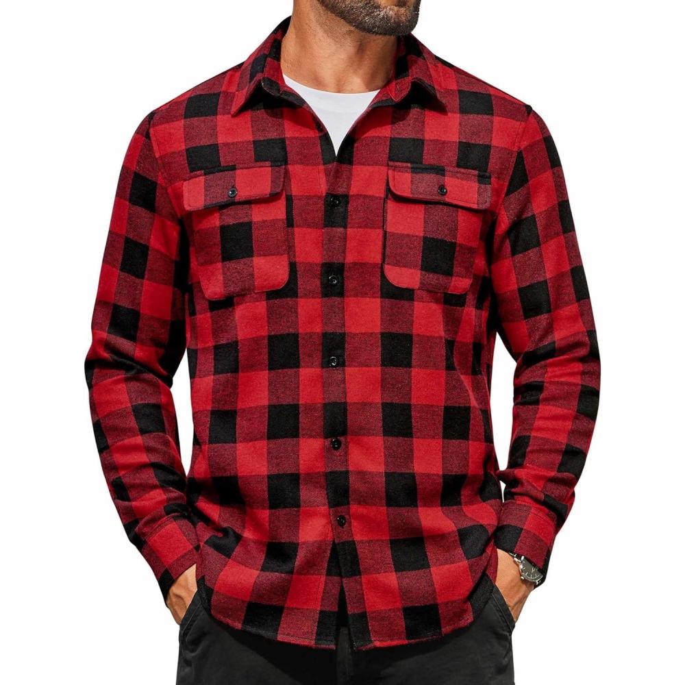imageCOOFANDY Mens Flannel Shirts Long Sleeve Plaid Button Down Shirt Cotton Casual Work Shirts with PocketsRed