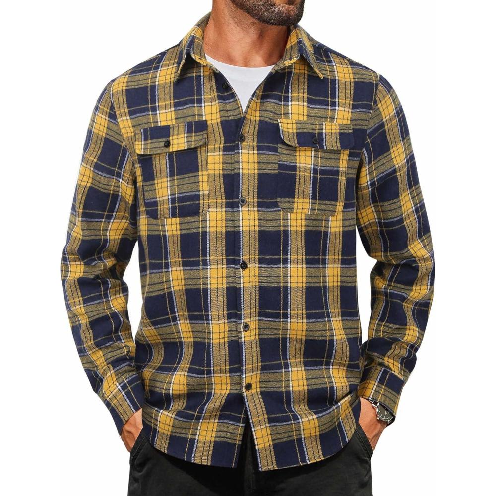 imageCOOFANDY Mens Flannel Shirts Long Sleeve Plaid Button Down Shirt Cotton Casual Work Shirts with PocketsYellow Navy