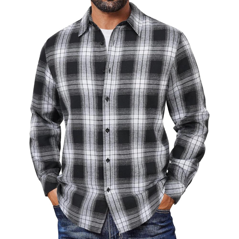 imageCOOFANDY Mens Flannel Shirts Long Sleeve Plaid Button Down Shirts Casual Cotton ShirtsBlackWhite