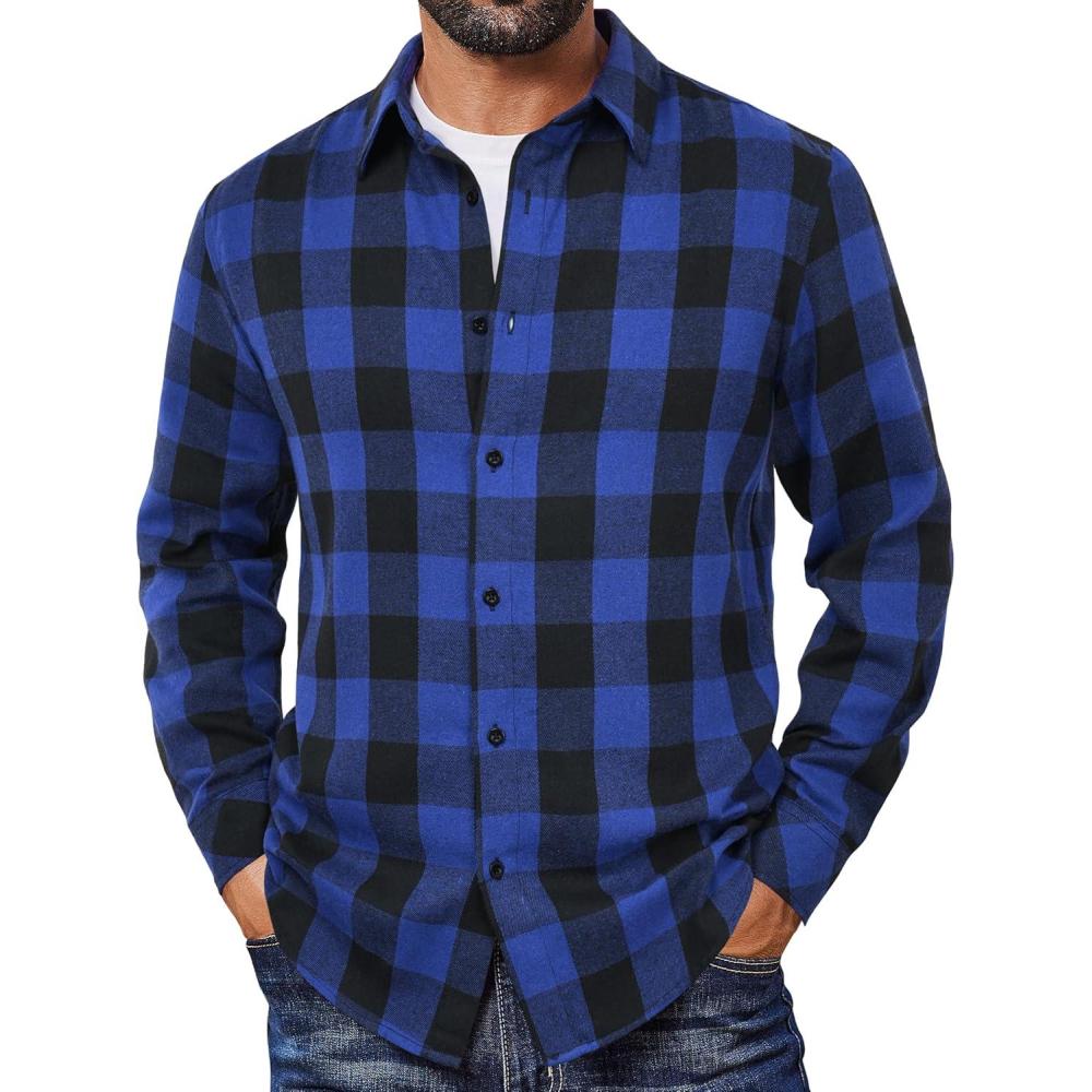 imageCOOFANDY Mens Flannel Shirts Long Sleeve Plaid Button Down Shirts Casual Cotton ShirtsBlue Checkered