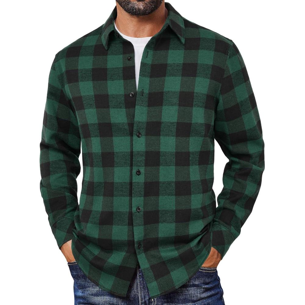 imageCOOFANDY Mens Flannel Shirts Long Sleeve Plaid Button Down Shirts Casual Cotton ShirtsGreen Checkered