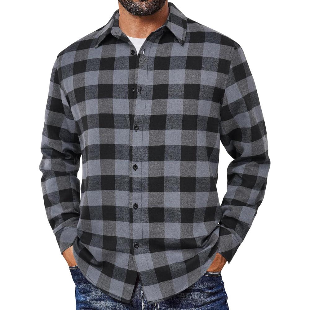 imageCOOFANDY Mens Flannel Shirts Long Sleeve Plaid Button Down Shirts Casual Cotton ShirtsGrey Checkered