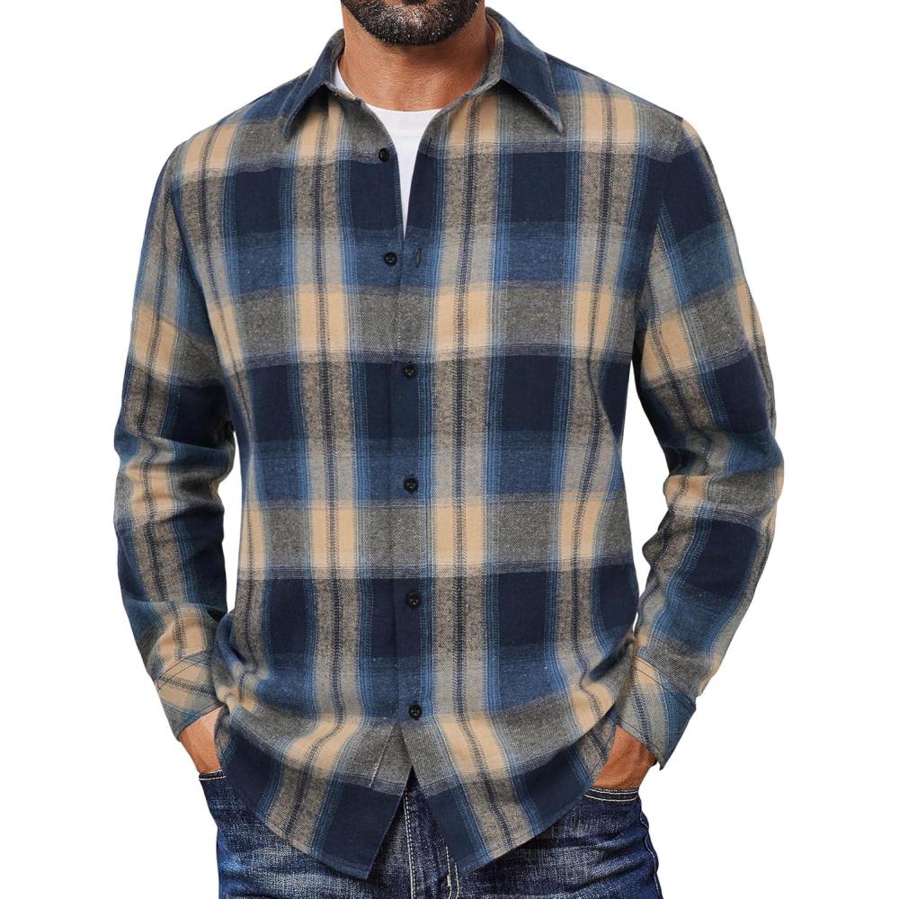 imageCOOFANDY Mens Flannel Shirts Long Sleeve Plaid Button Down Shirts Casual Cotton ShirtsKhakiBlue